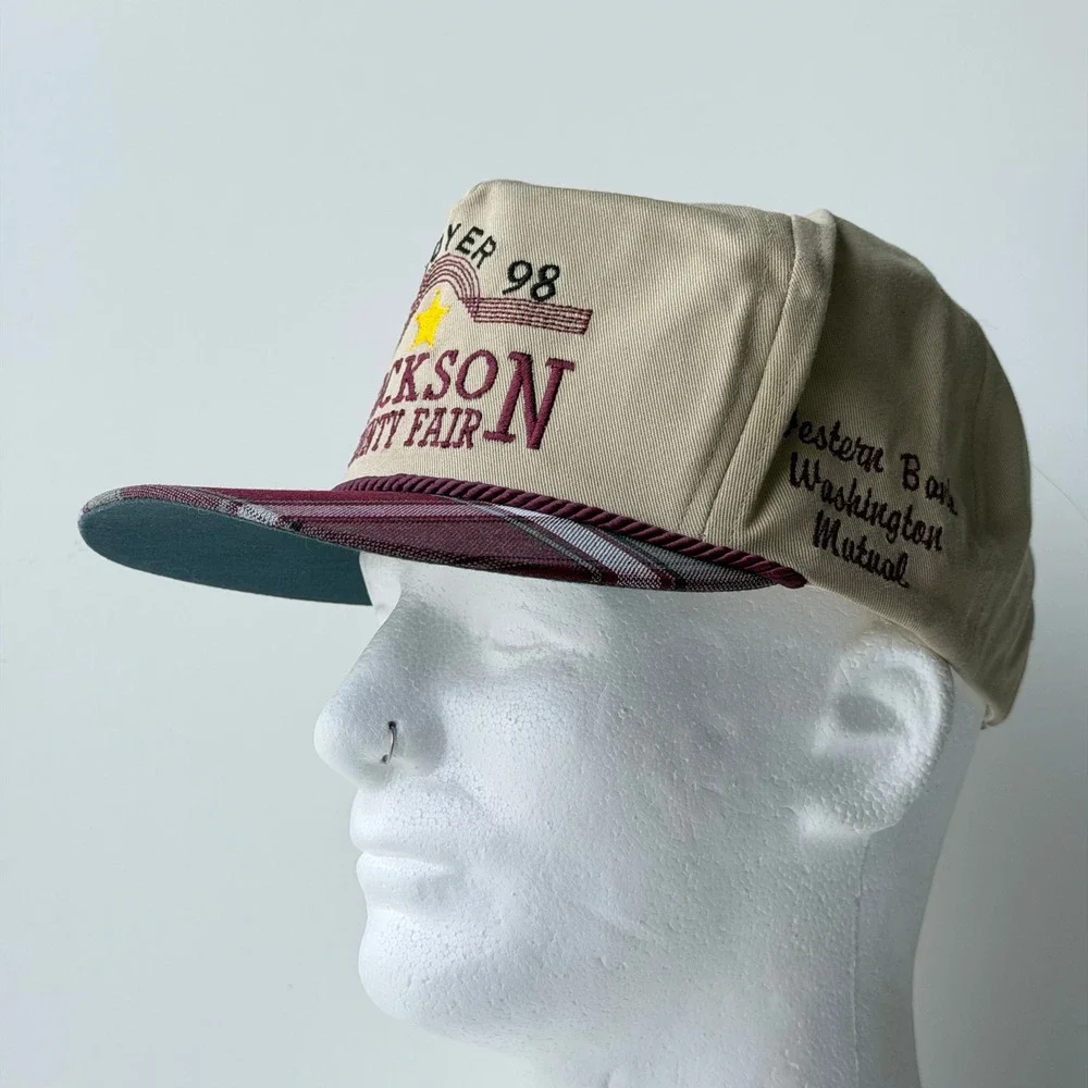 Vintage 1998 Jackson County Fair Snapback Trucker Hat Tan Plaid Made in USA 90s